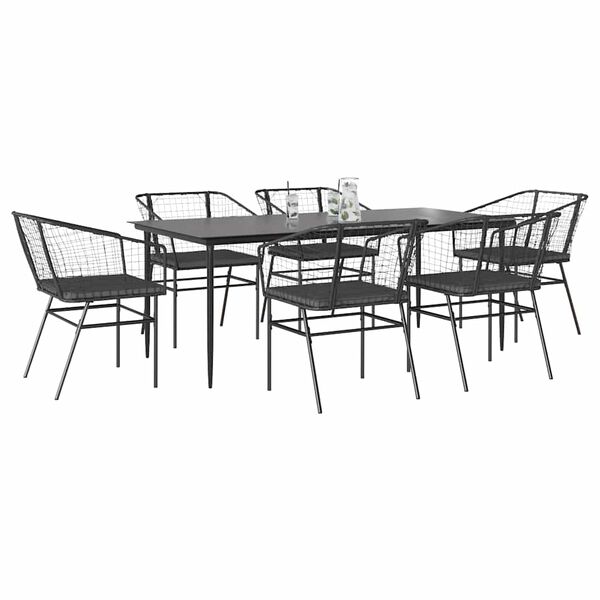 vidaXL 7 Piece Garden Dining Set with Cushions Black Poly Rattan Glass