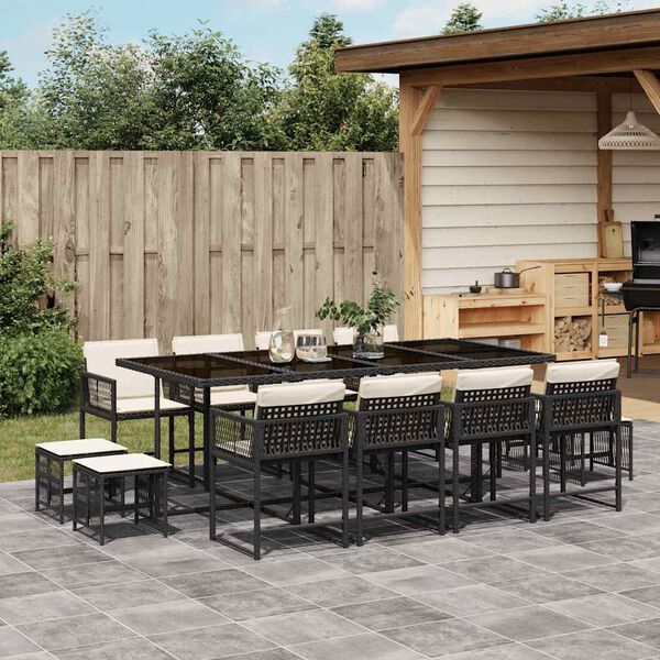vidaXL 13 Piece Garden Dining Set with Cushions Black Poly Rattan