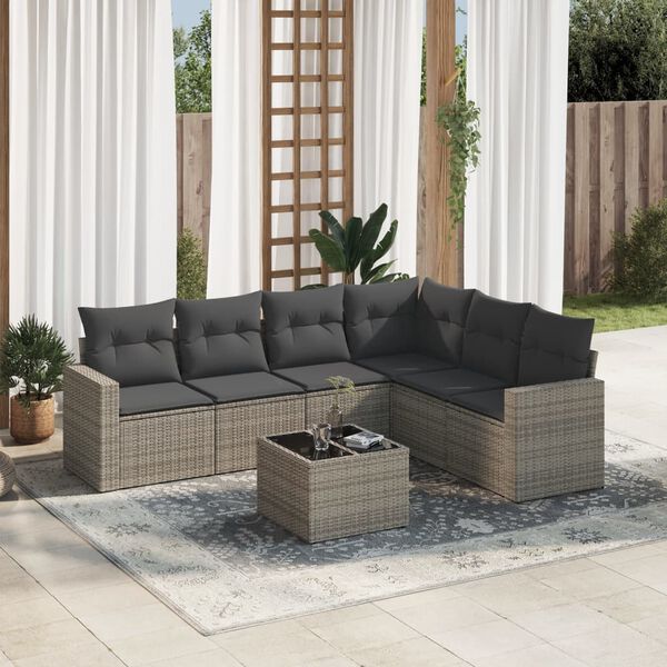vidaXL 7 Piece Garden Sofa Set with Cushions Grey Poly Rattan
