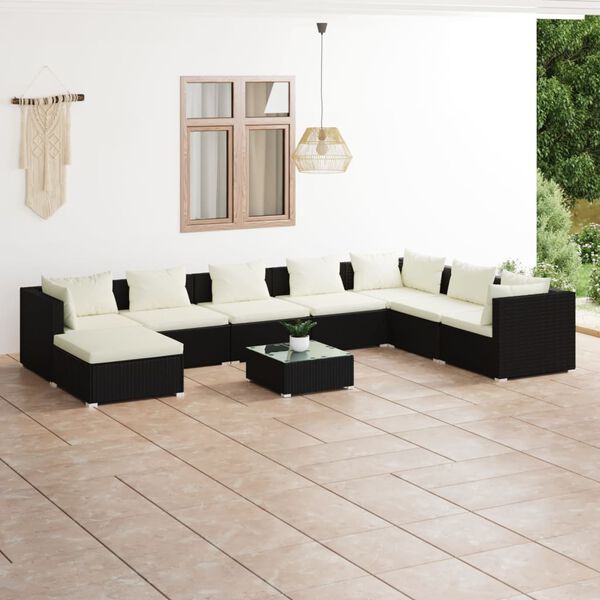 vidaXL 9 Piece Garden Lounge Set with Cushions Poly Rattan Black