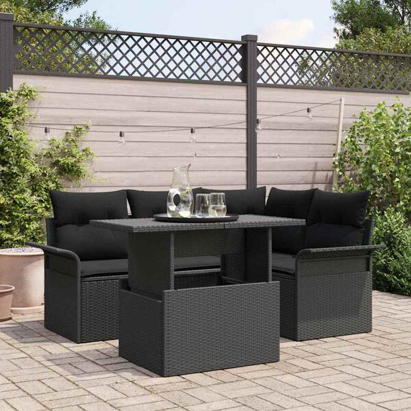 vidaXL Garden Sofa Set with Cushion 5 pcs Black Poly rattan