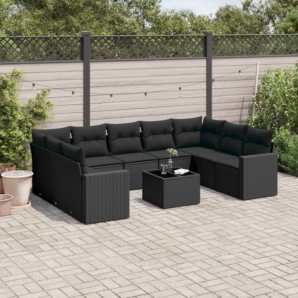 vidaXL 10 Piece Garden Sofa Set with Cushions Black Poly Rattan