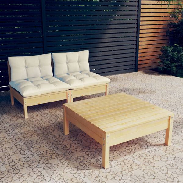 vidaXL 3 Piece Garden Lounge Set with Cream Cushions Pinewood