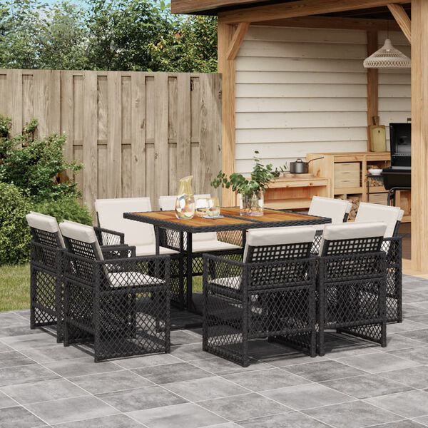 vidaXL 9 Piece Garden Dining Set with Cushions Black Poly Rattan