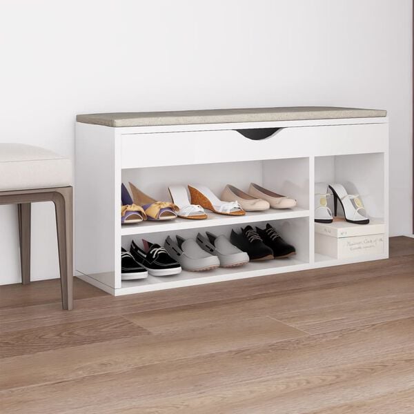 vidaXL Shoe Bench with Cushion High Gloss White 104x30x49 cm Engineered Wood
