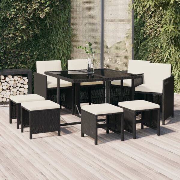vidaXL 9 Piece Garden Dining Set with Cushions Poly Rattan Black