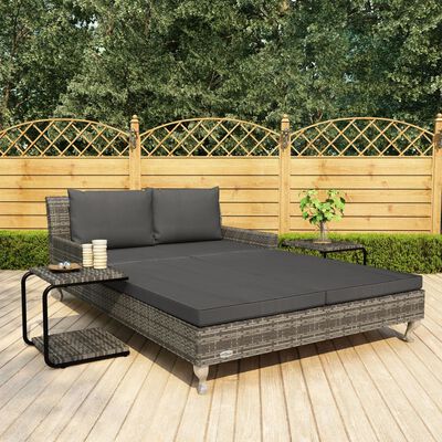 vidaXL 2-Person Garden Sun Bed with Cushions Poly Rattan Grey