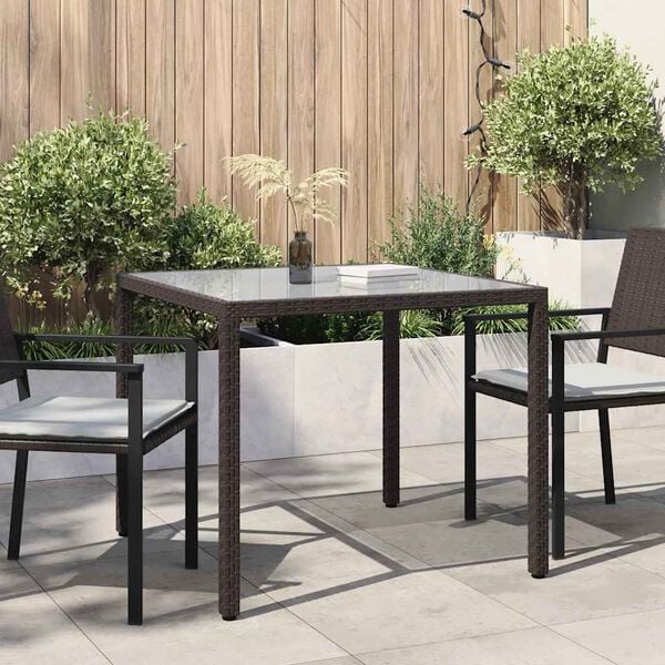 vidaXL Garden Table 90x90x75 cm Tempered Glass and Poly Rattan Brown