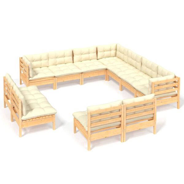 vidaXL 11 Piece Garden Lounge Set with Cream Cushions Solid Pinewood