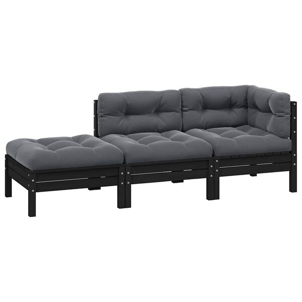 vidaXL 3 Piece Garden Lounge Set with Cushions Black Solid Pinewood