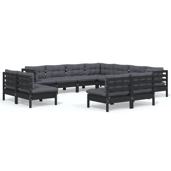 vidaXL 11 Piece Garden Lounge Set with Cushions Black Solid Pinewood
