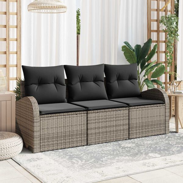 vidaXL Garden Sofa Set with Cushion 3 pcs Grey Poly rattan