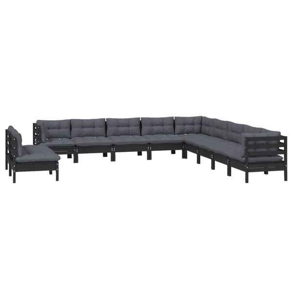 vidaXL 11 Piece Garden Lounge Set with Cushions Black Solid Pinewood