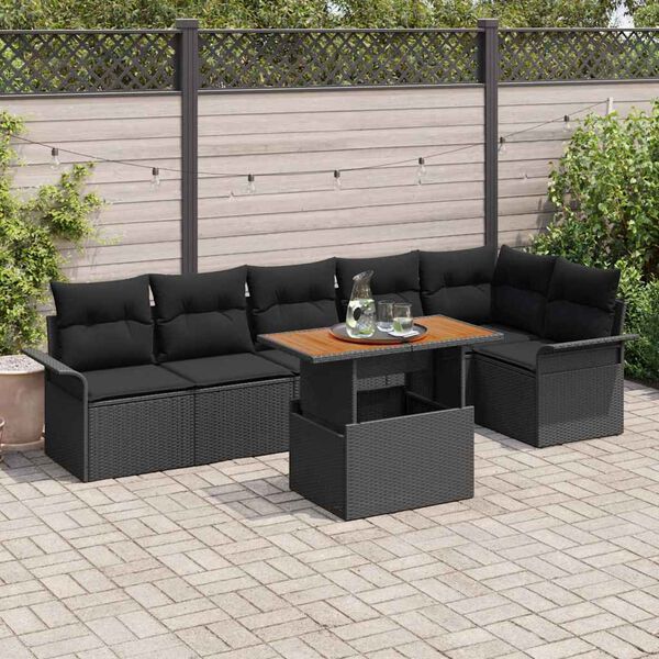 vidaXL Garden Sofa Set with Cushion 7 pcs Black Poly Rattan