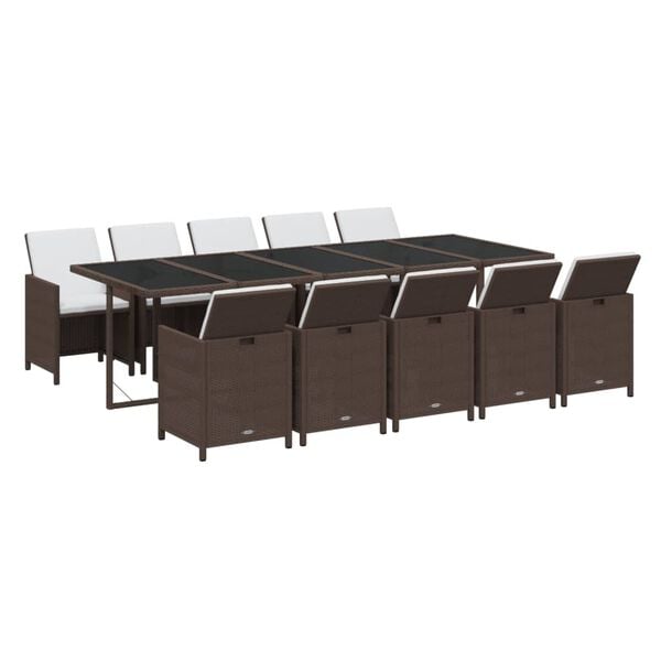 vidaXL 11 Piece Garden Dining Set with Cushions Poly Rattan Brown