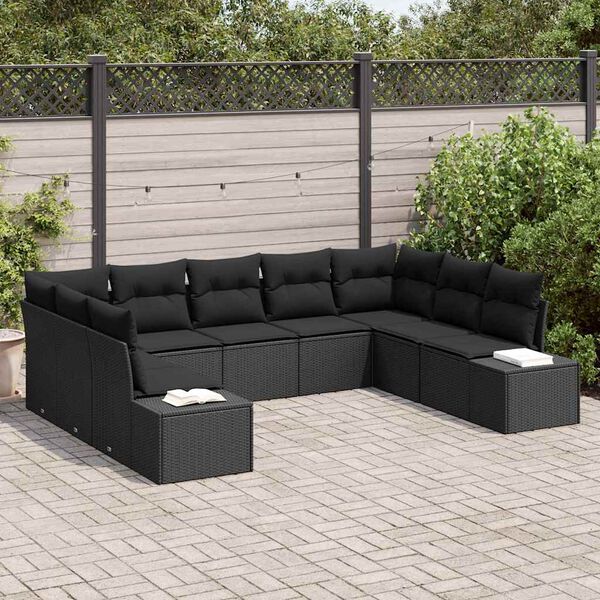 vidaXL Garden Sofa Set with Cushion 9 pcs Black Poly Rattan
