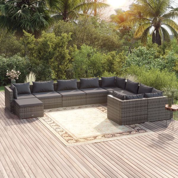 vidaXL 10 Piece Garden Lounge Set with Cushions Poly Rattan Grey