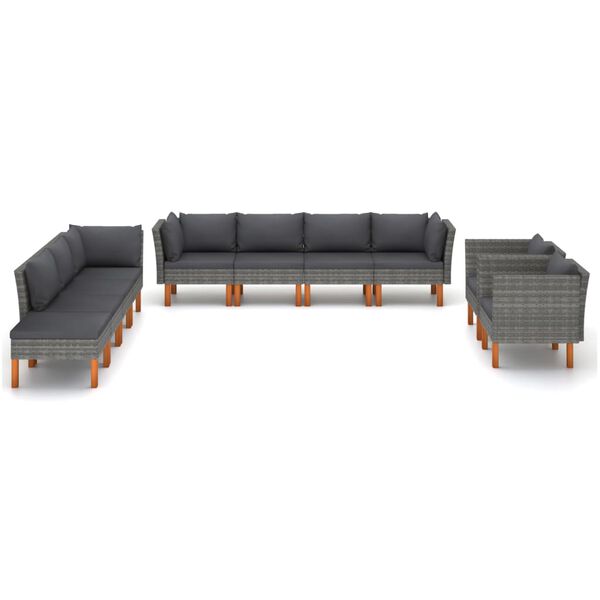 vidaXL 10 Piece Garden Lounge Set Poly Rattan and Eucalyptus Wood Grey