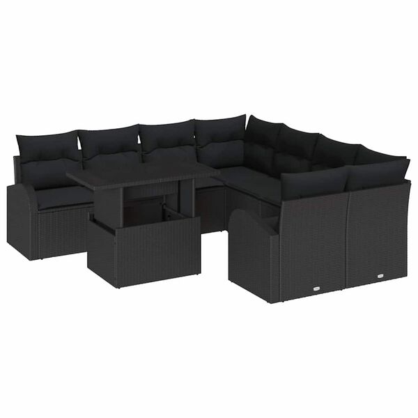 vidaXL Garden Sofa Set with Storage 9 pcs Black Poly Rattan