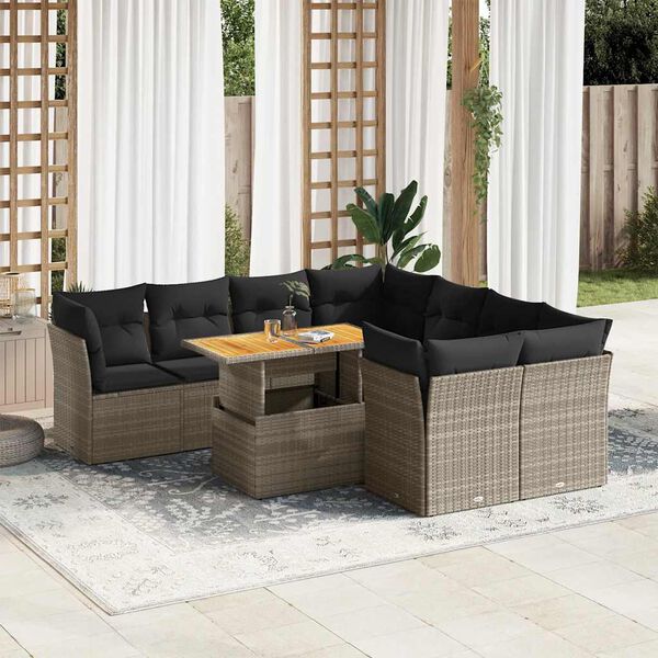 vidaXL 9 Piece Garden Sofa Set with Cushions Grey Poly Rattan