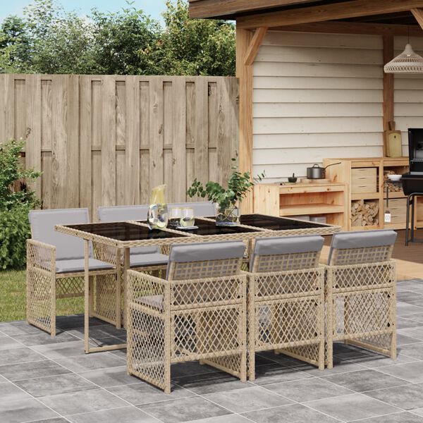 vidaXL 7 Piece Garden Dining Set with Cushions Beige Poly Rattan