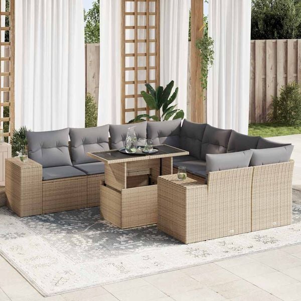 vidaXL 9 Piece Garden Sofa Set with Cushions Beige Poly Rattan