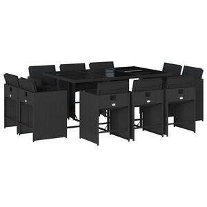 vidaXL 11 Piece Garden Dining Set with Cushions Black Poly Rattan