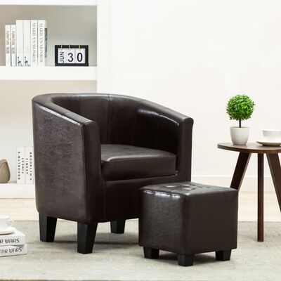 vidaXL Tub Chair with Footstool Dark Brown Faux Leather