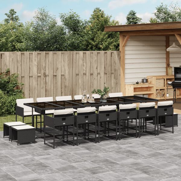 vidaXL 17 Piece Garden Dining Set with Cushions Black Poly Rattan