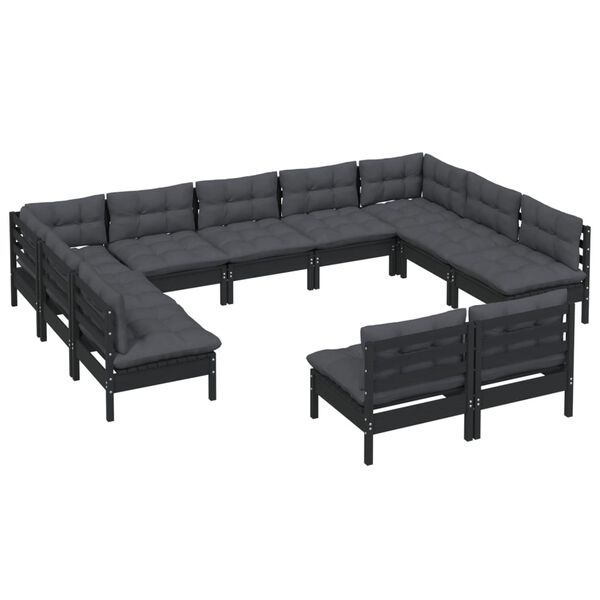 vidaXL 11 Piece Garden Lounge Set with Cushions Black Solid Pinewood
