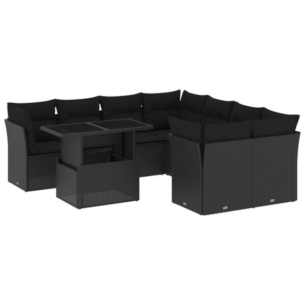 vidaXL 9 Piece Garden Sofa Set with Cushions Black Poly Rattan