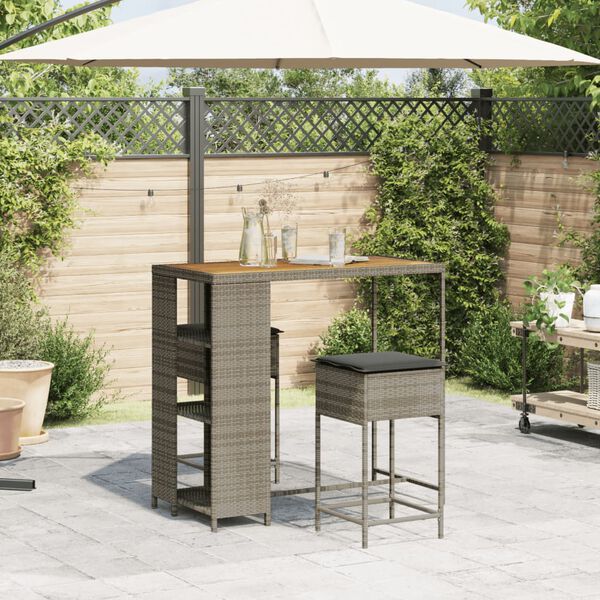 vidaXL 3 Piece Garden Bar Set with Cushions Grey Poly Rattan
