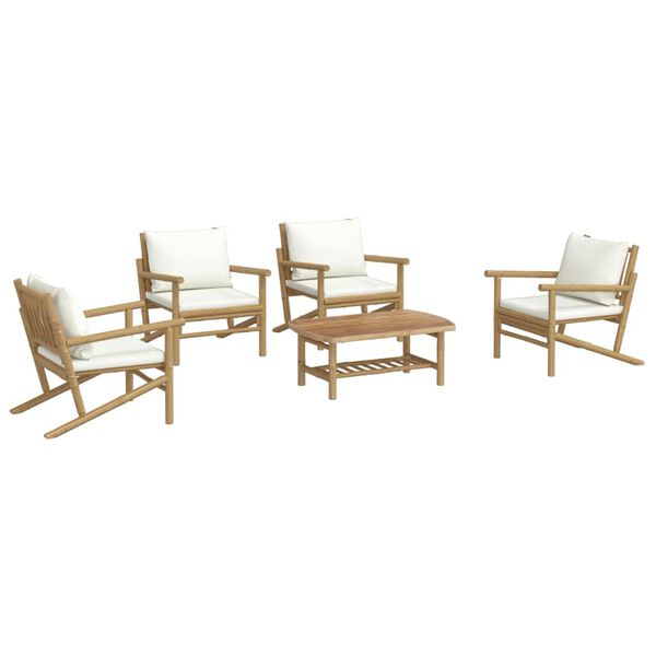vidaXL 5 Piece Garden Lounge Set with Cream White Cushions Bamboo