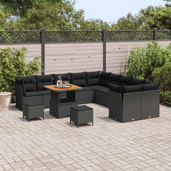 vidaXL Garden Sofa Set with Cushion 13 pcs Black Poly Rattan