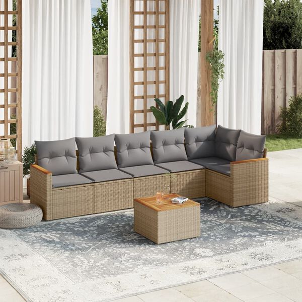 vidaXL 7 Piece Garden Sofa Set with Cushions Beige Poly Rattan
