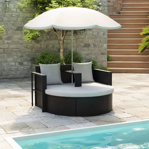 vidaXL Garden Bed with Parasol Black Poly Rattan