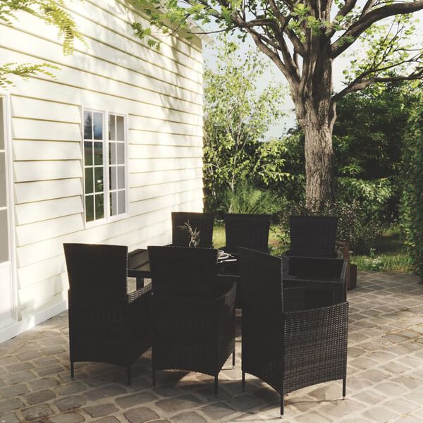 vidaXL 7 Piece Outdoor Dining Set with Cushions Poly Rattan Black