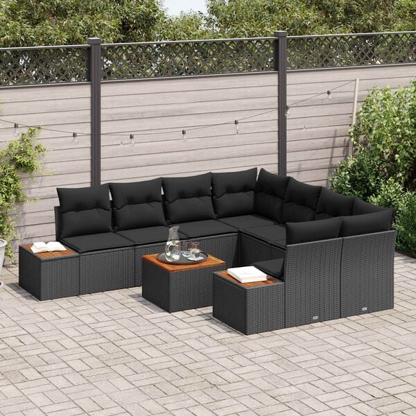 vidaXL Garden Sofa Set with Cushion 9 pcs Black Poly rattan