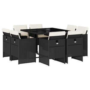 vidaXL 11 Piece Garden Dining Set with Cushions Black Poly Rattan