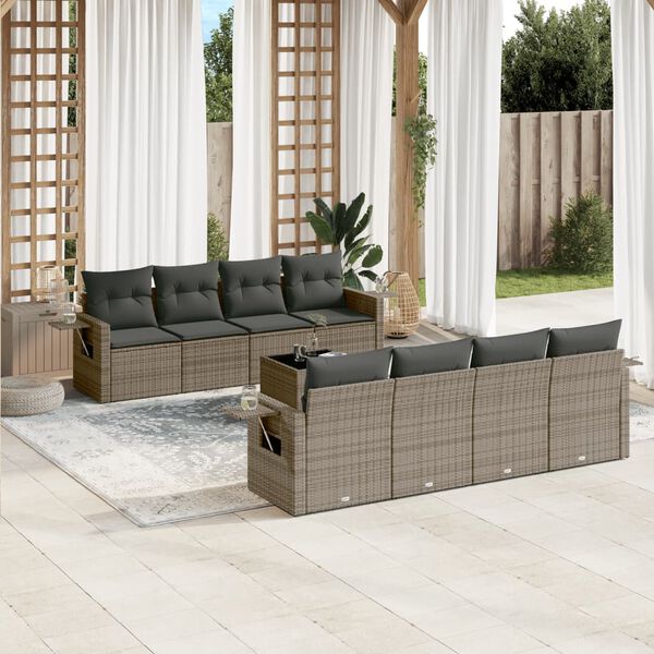 vidaXL 9 Piece Garden Sofa Set with Cushions Grey Poly Rattan