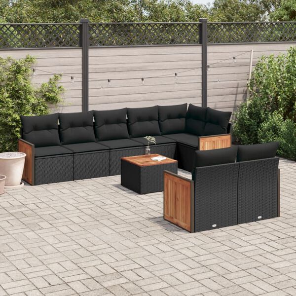 vidaXL 9 Piece Garden Sofa Set with Cushions Black Poly Rattan
