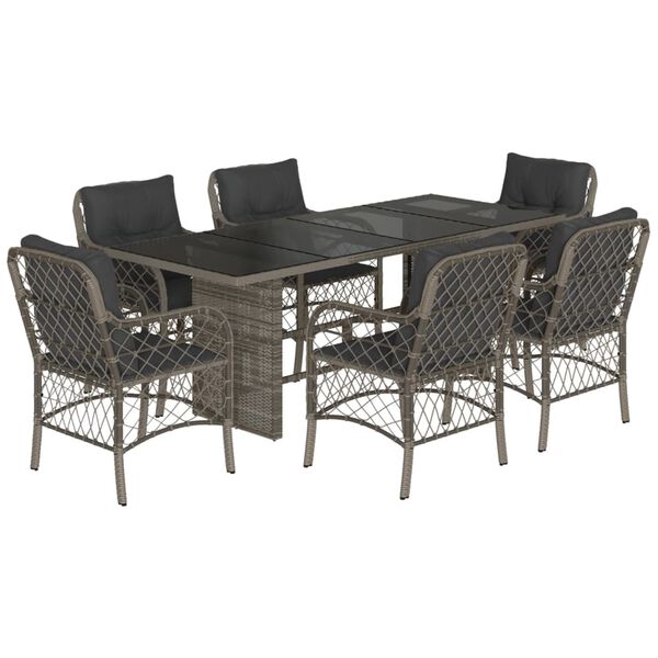 vidaXL 7 Piece Garden Dining Set with Cushions Grey Poly Rattan