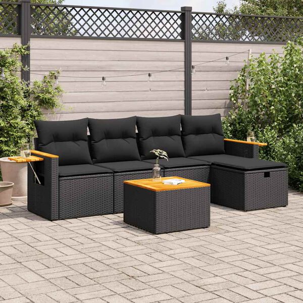 vidaXL 6 Piece Garden Sofa Set with Cushions Black Poly Rattan