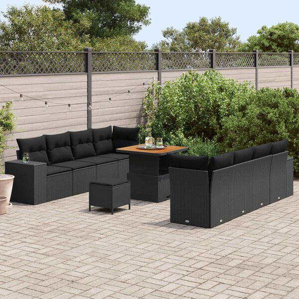 vidaXL Garden Sofa Set with Cushion 11 pcs Black Poly Rattan