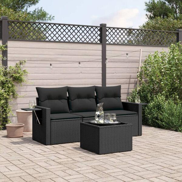 vidaXL 4 Piece Garden Sofa Set with Cushions Black Poly Rattan