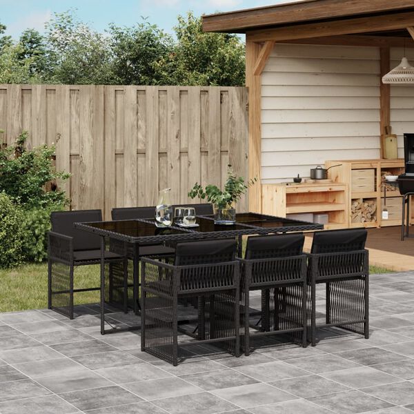 vidaXL 7 Piece Garden Dining Set with Cushions Black Poly Rattan
