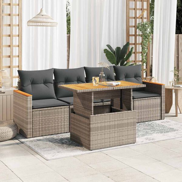 vidaXL 5 Piece Garden Sofa Set with Cushions Grey Poly Rattan Acacia