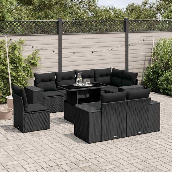 vidaXL 9 Piece Garden Sofa Set with Cushions Black Poly Rattan