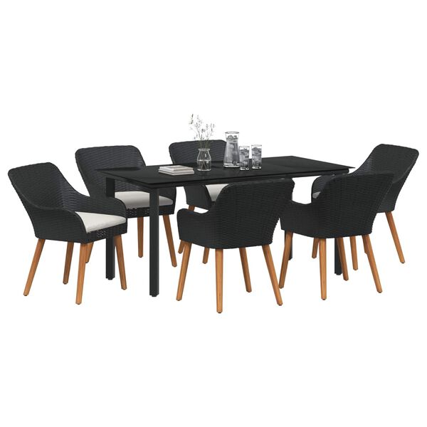 vidaXL Garden Dining Set with Cushion 7 pcs Black Poly Rattan
