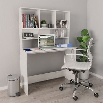 vidaXL Desk with Shelves High Gloss White 110x45x157 cm Engineered Wood